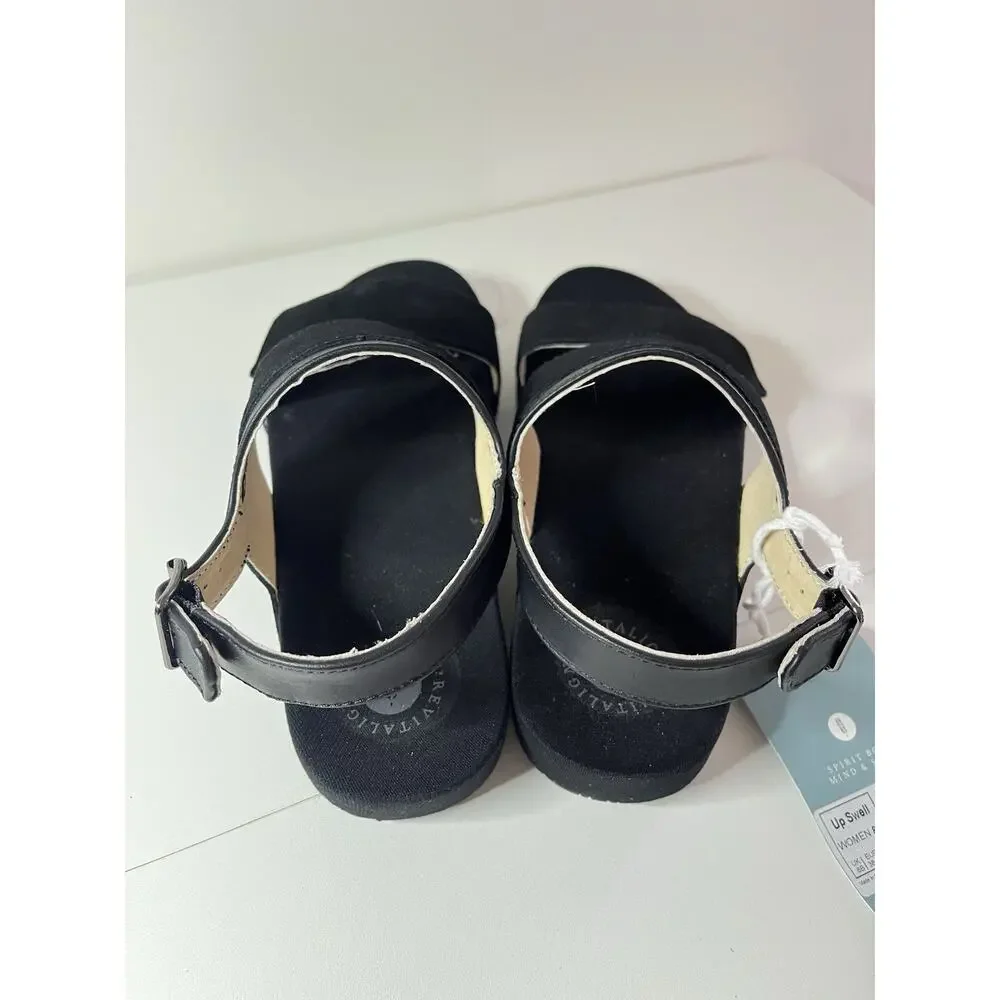 NOWB REVITALIGN Women's Adjustable Strappy Sandal Wedge Black Size 8B Chunky New